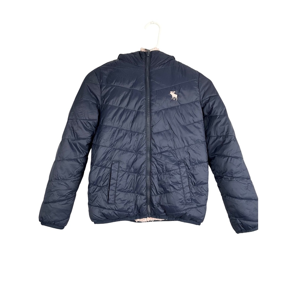 Abercrombie Kids Reversible Puffer Jacket Girls Navy Pink Size 9/10 Hooded‎